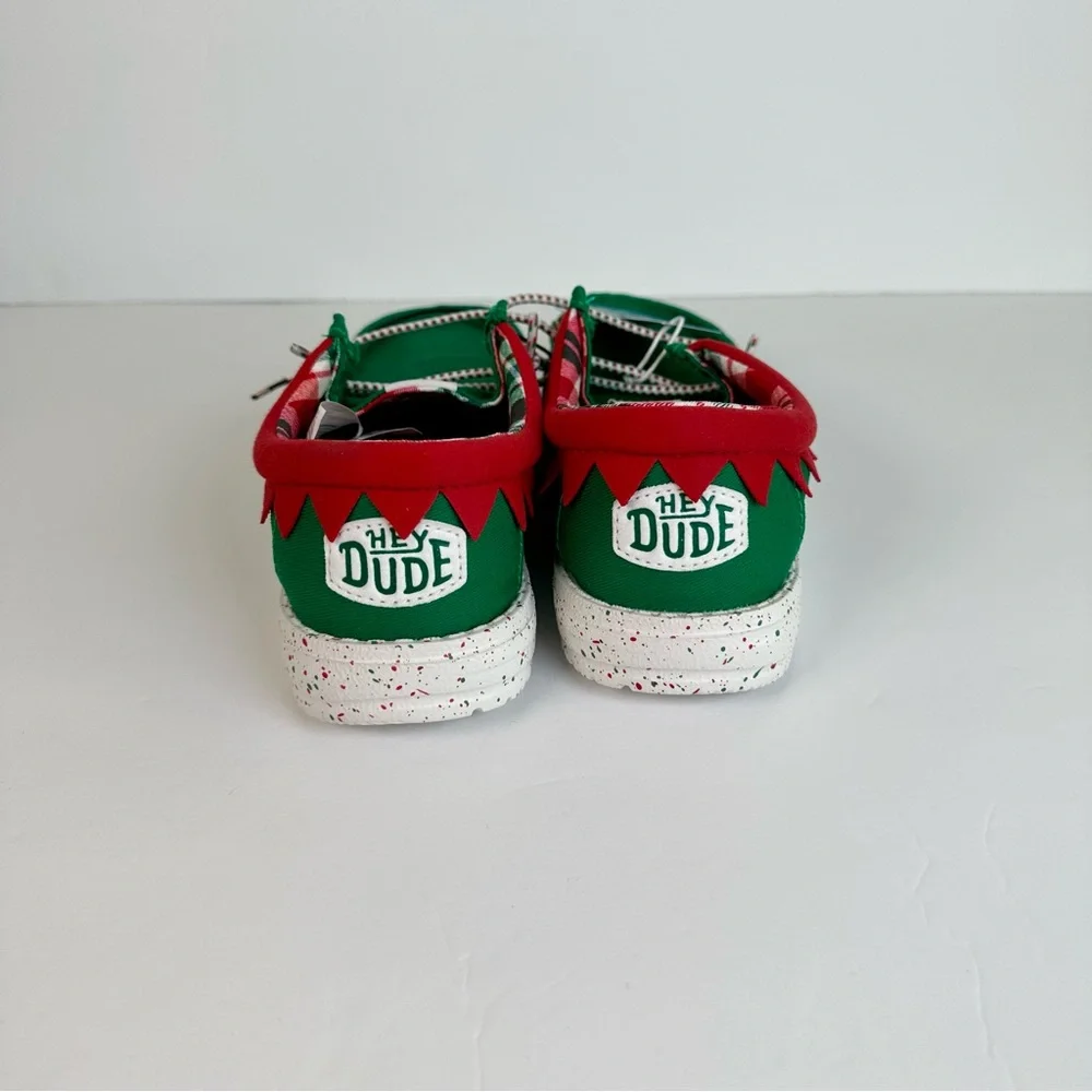 NWT-Hey Dude Big Kids Wally Holiday Elf Green and Red Shoes- Junior Size 3